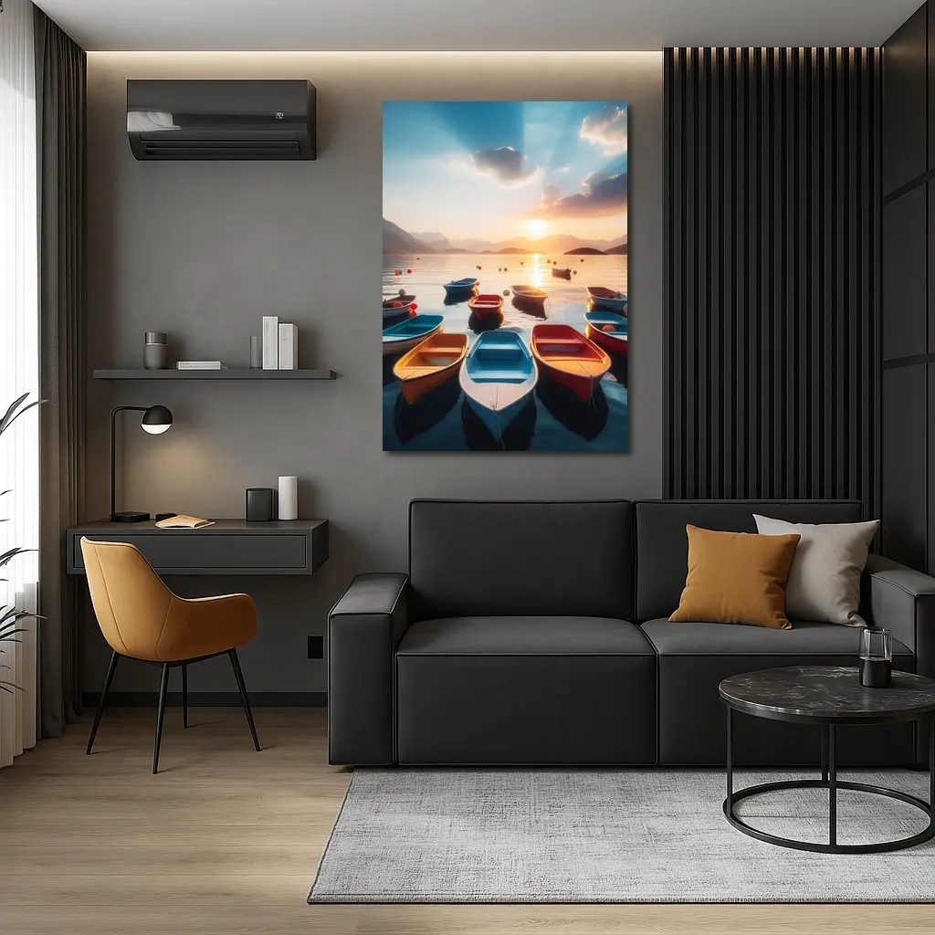 Colorful Boats Floating at Golden Sunset – Wall Art