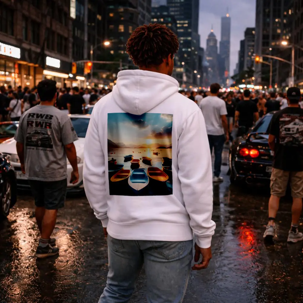 Colorful Boats Floating at Golden Sunset – Hoodies
