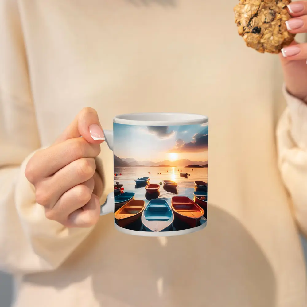 Colorful Boats Floating at Golden Sunset – Mugs