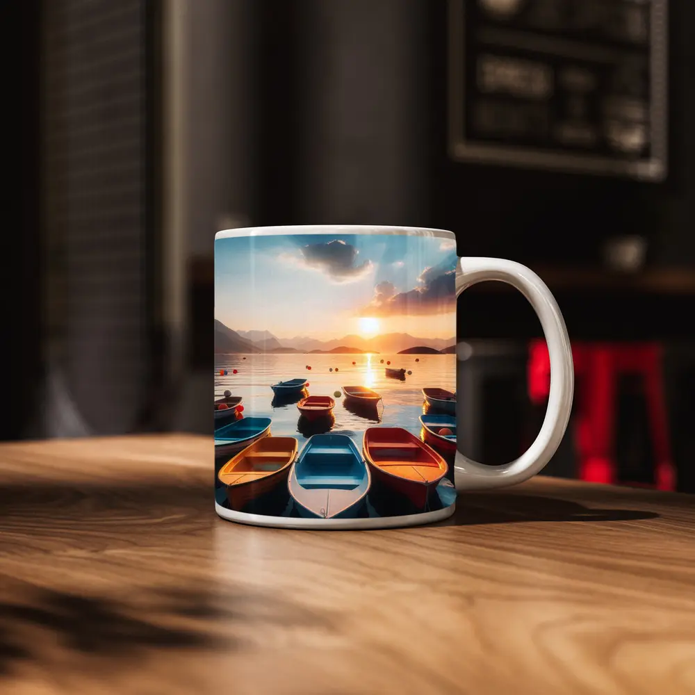 Colorful Boats Floating at Golden Sunset – Mugs