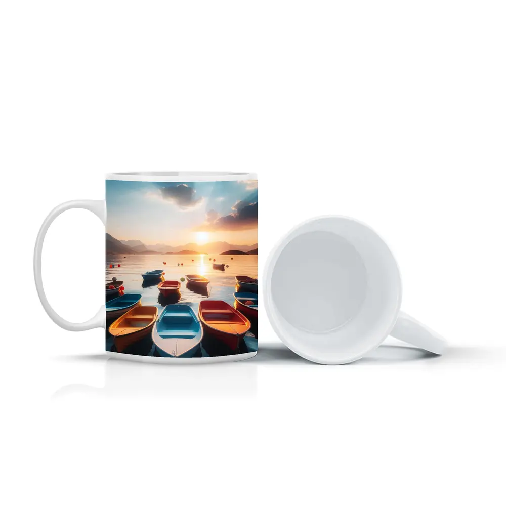 Colorful Boats Floating at Golden Sunset – Mugs