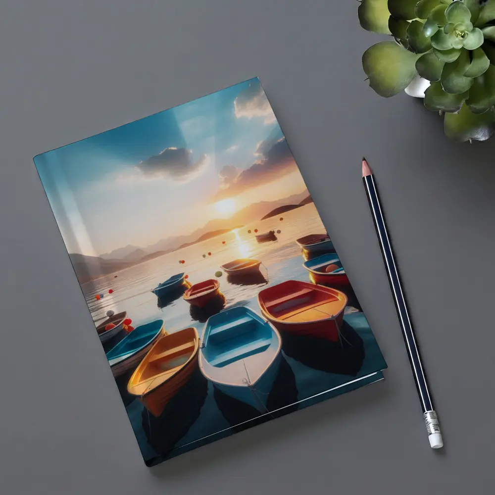 Colorful Boats Floating at Golden Sunset – Notebooks