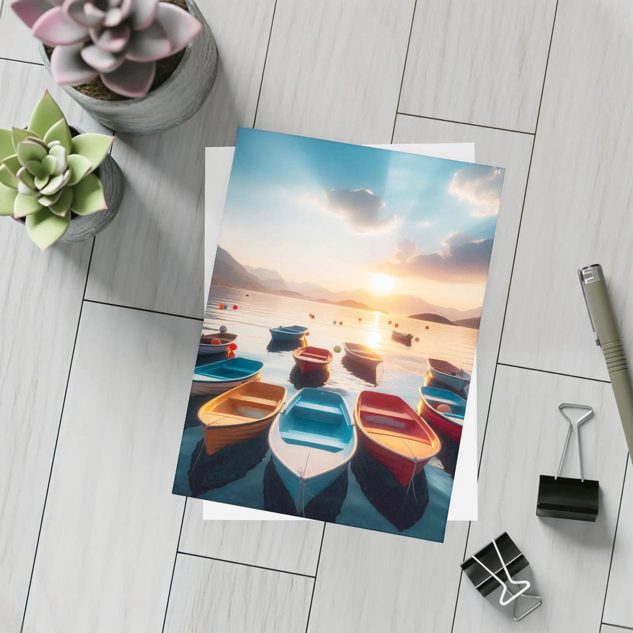 Colorful Boats Floating at Golden Sunset – Postcards