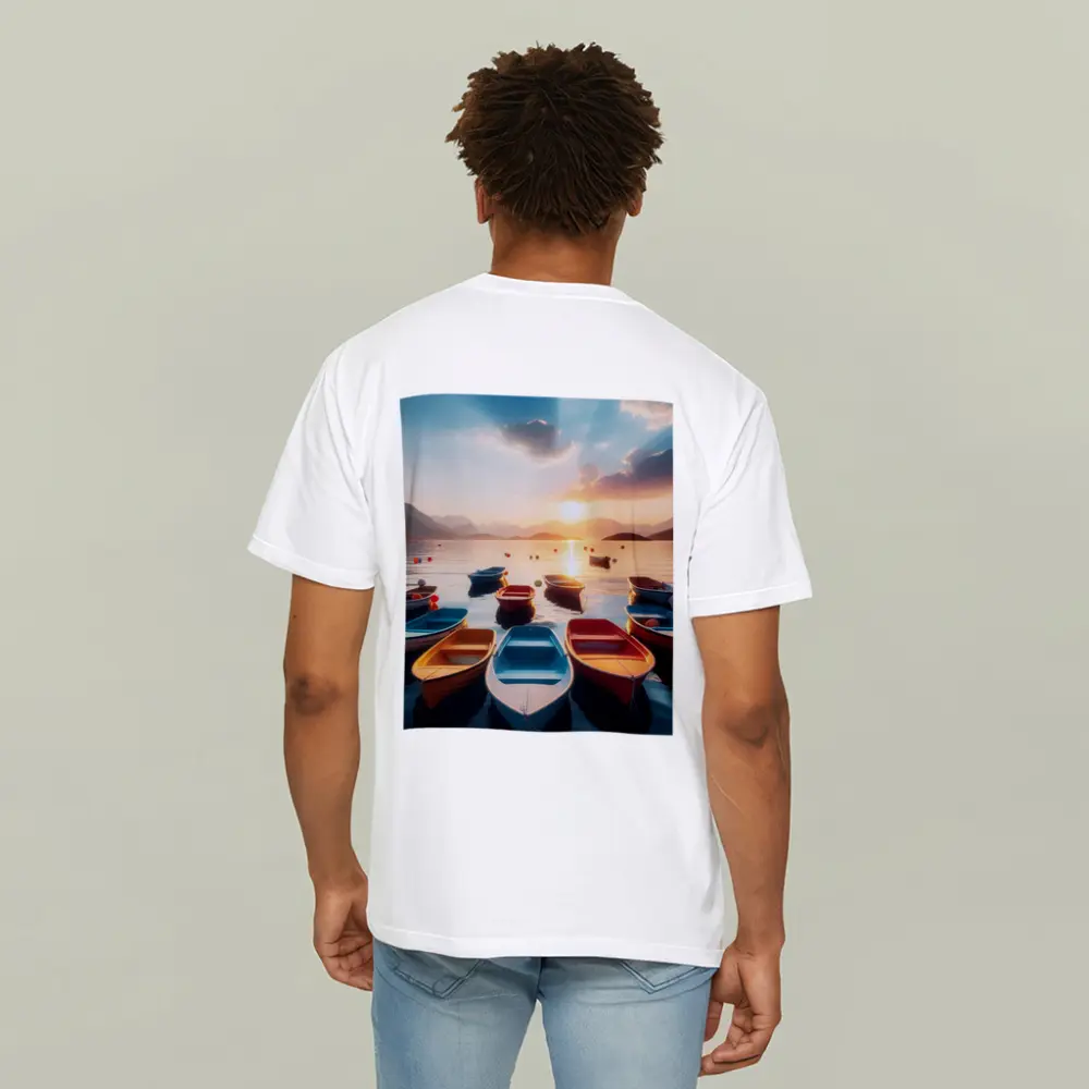 Colorful Boats Floating at Golden Sunset – T-Shirts