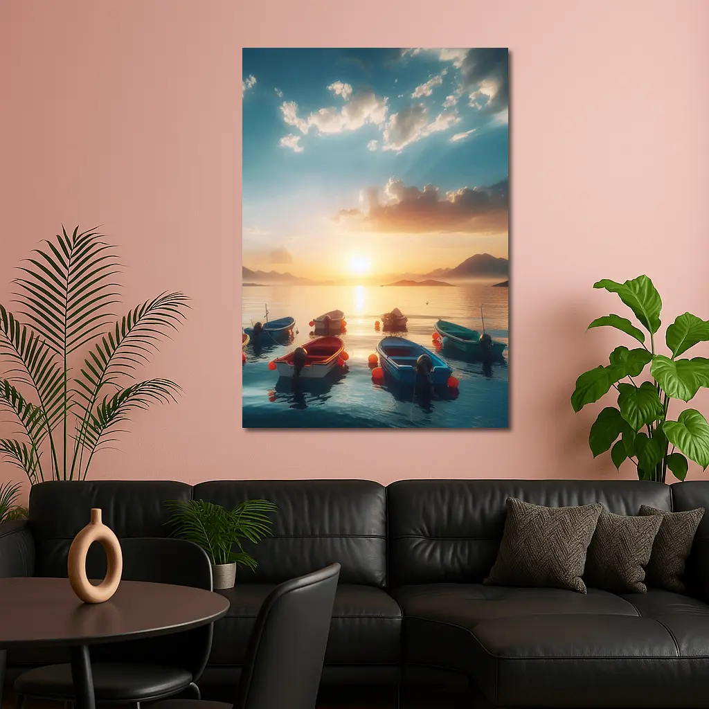 Colorful Boats Floating at Golden Sunset – Wall Art