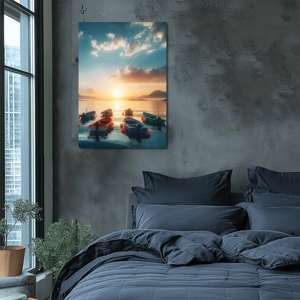 Colorful Boats Floating at Golden Sunset – Wall Art