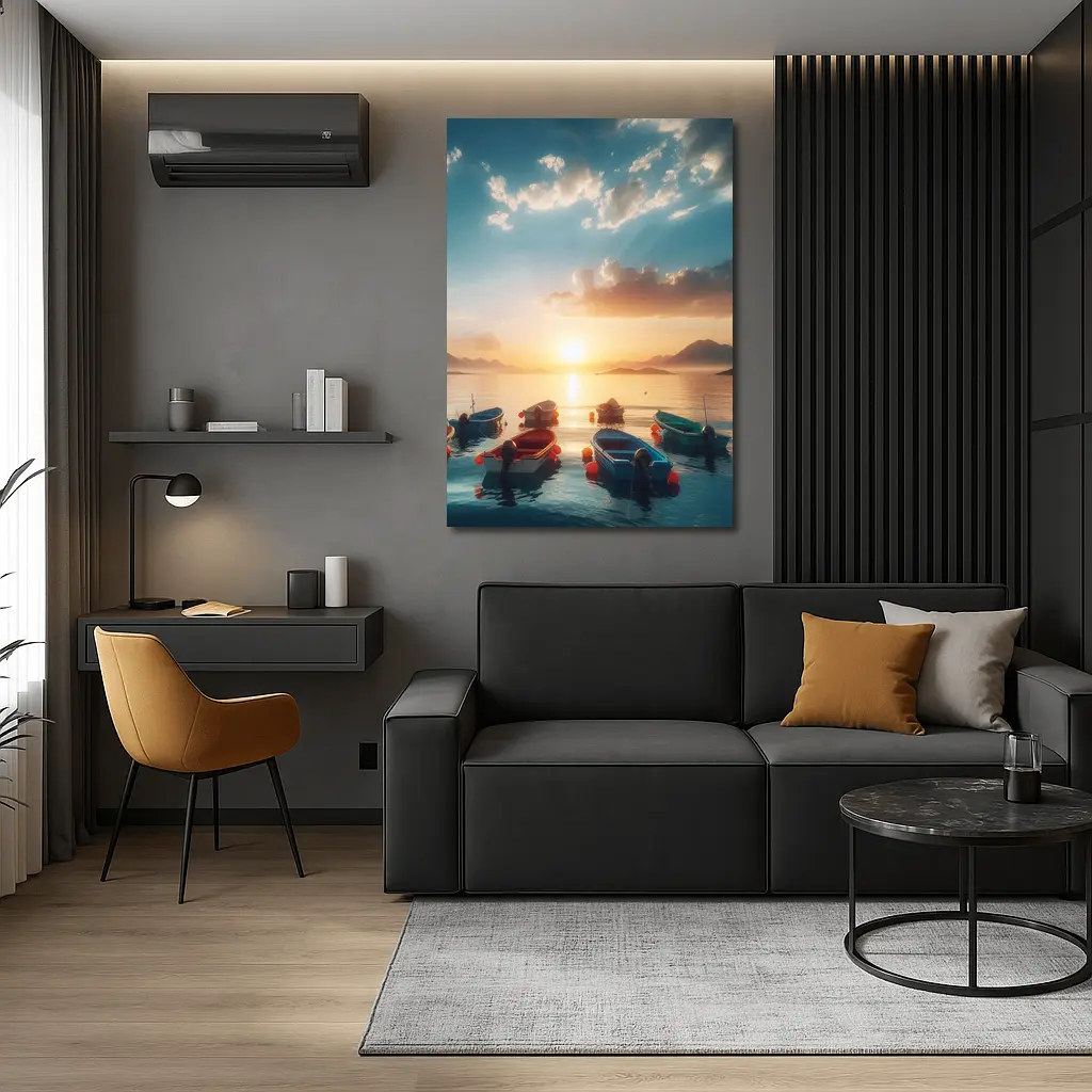 Colorful Boats Floating at Golden Sunset – Wall Art