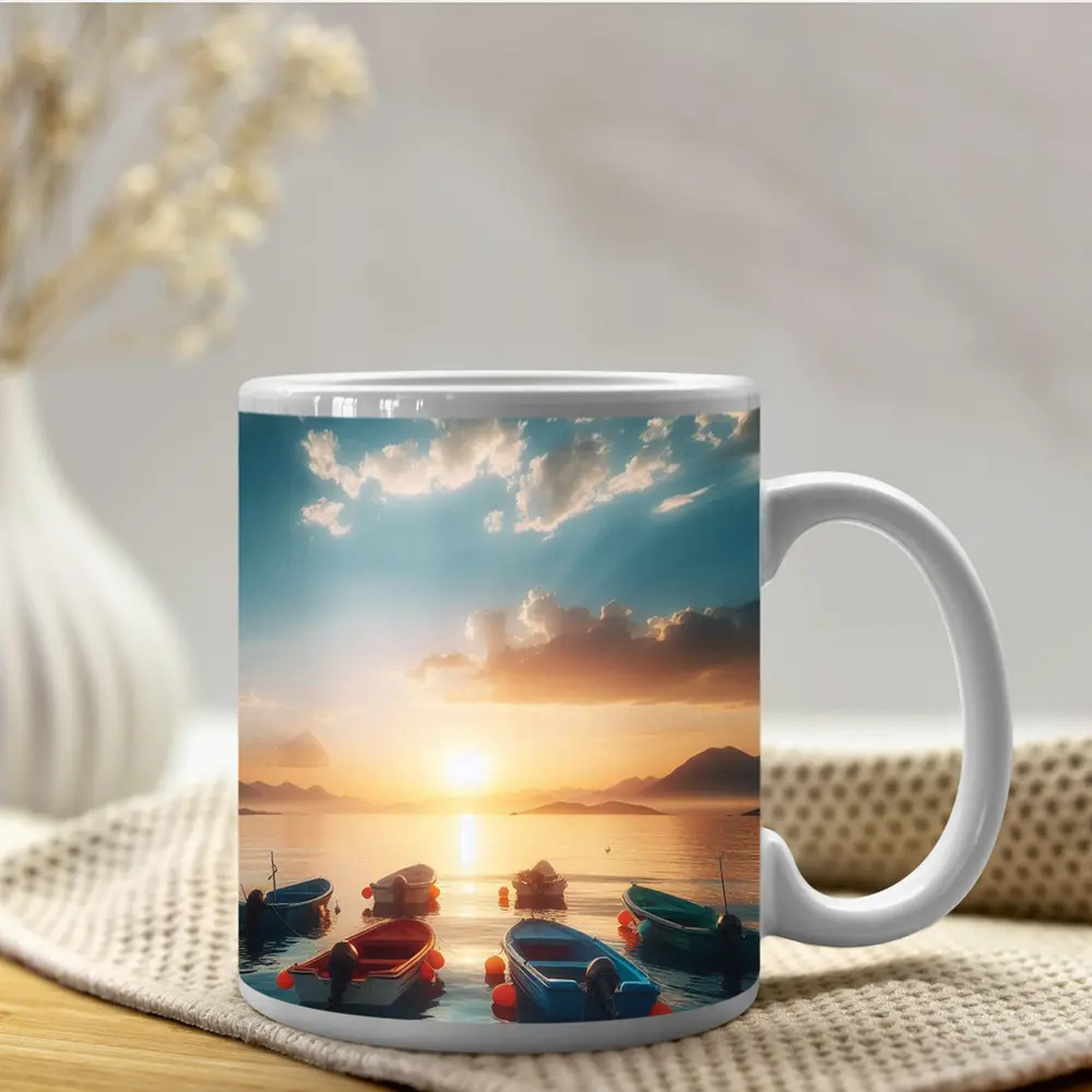 Colorful Boats Floating at Golden Sunset – Mugs