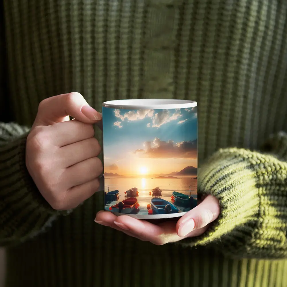 Colorful Boats Floating at Golden Sunset – Mugs