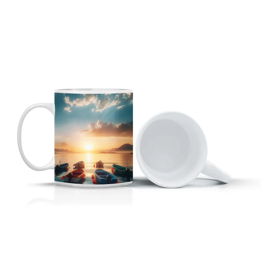 Colorful Boats Floating at Golden Sunset – Mugs