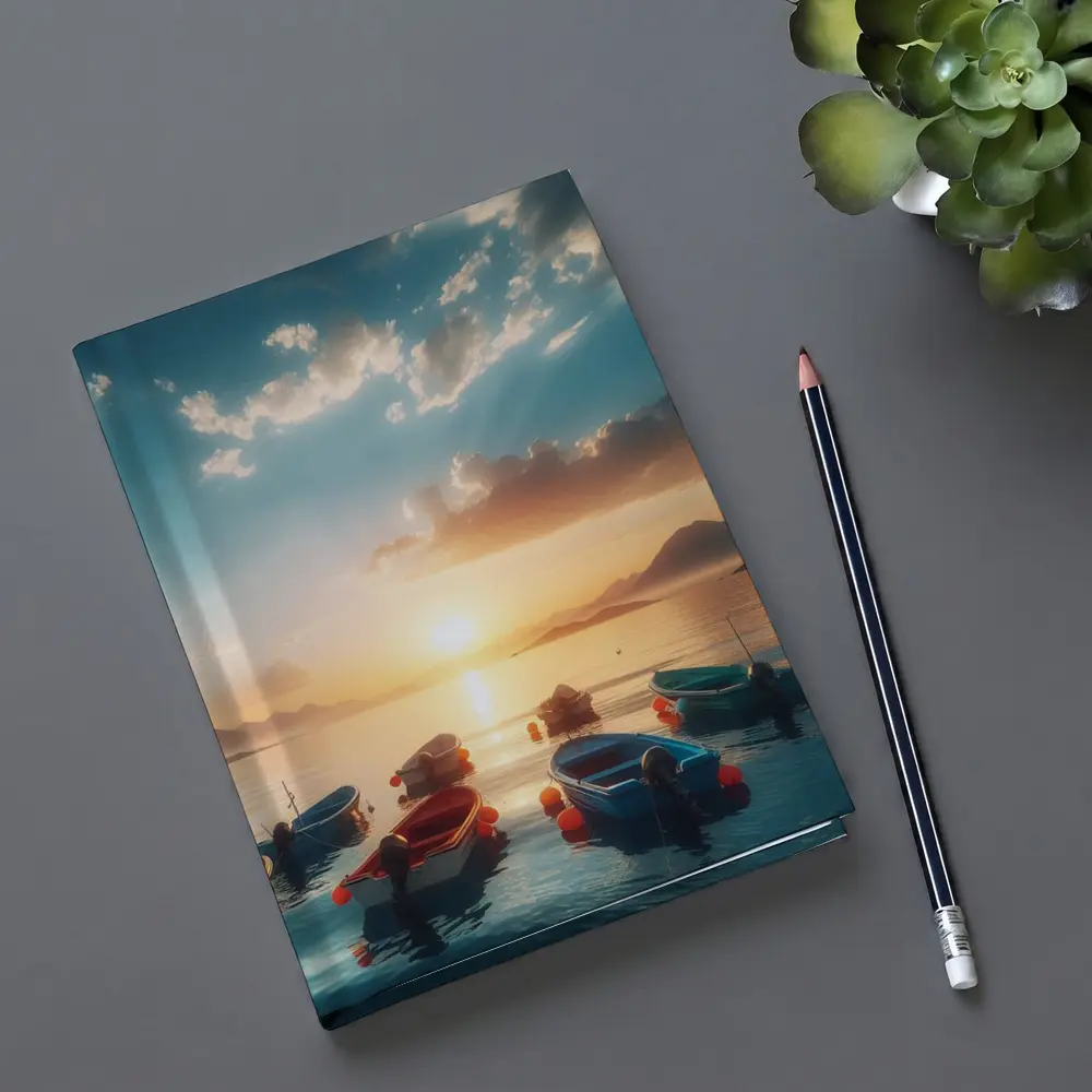 Colorful Boats Floating at Golden Sunset – Notebooks