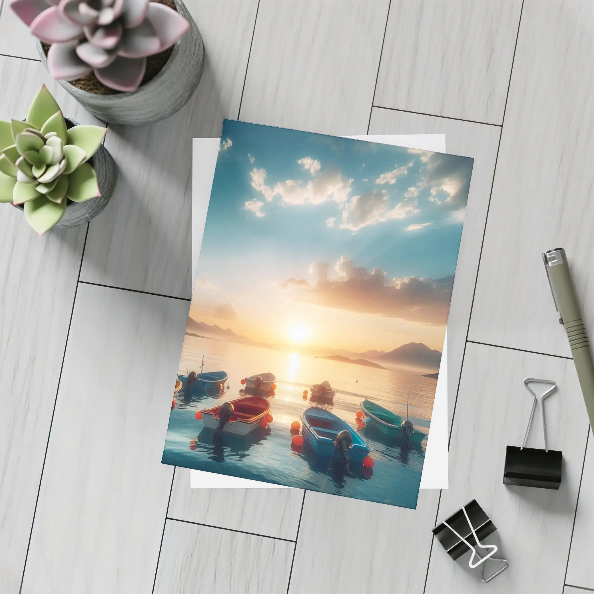 Colorful Boats Floating at Golden Sunset – Postcards