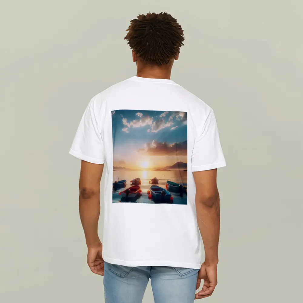 Colorful Boats Floating at Golden Sunset – T-Shirts