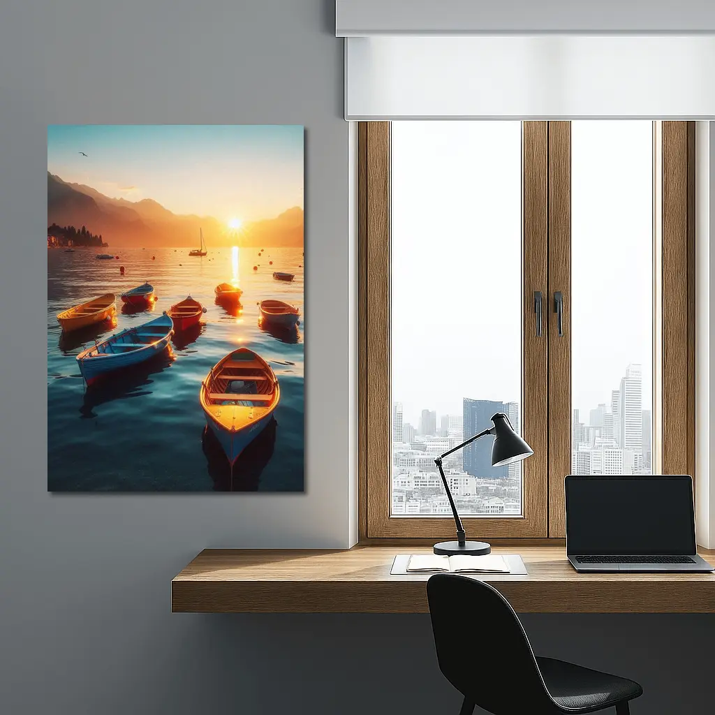 Colorful Boats on Lake at Golden Sunset – Wall Art