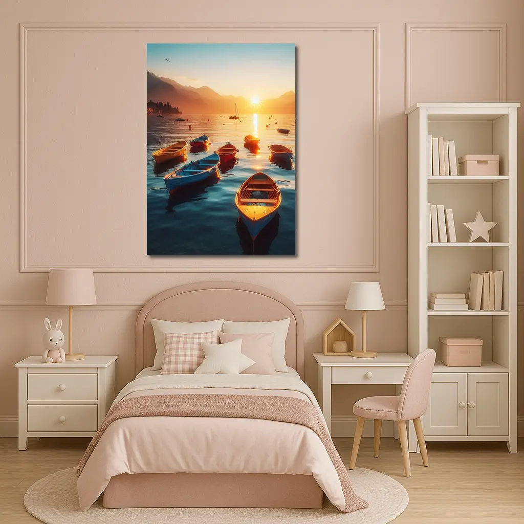 Colorful Boats on Lake at Golden Sunset – Wall Art