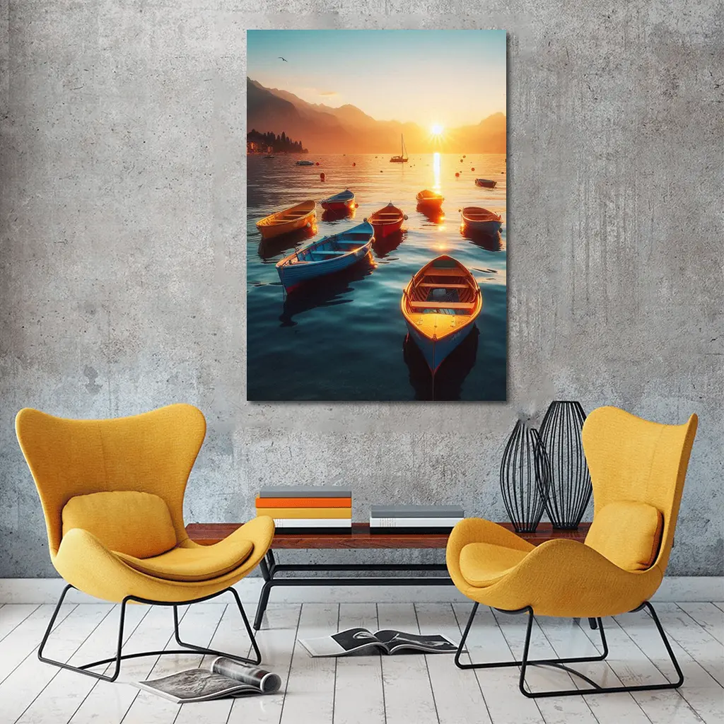 Colorful Boats on Lake at Golden Sunset – Wall Art