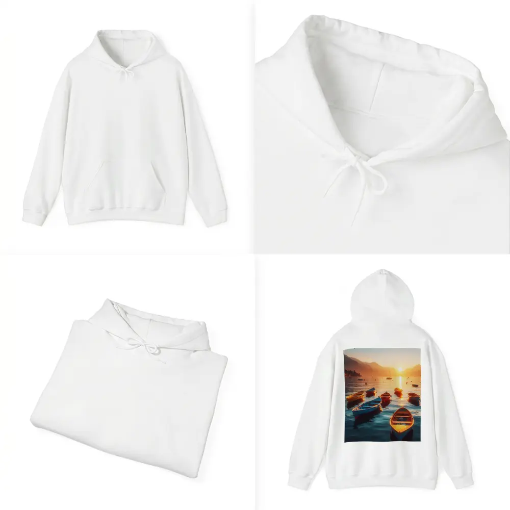 Colorful Boats on Lake at Golden Sunset – Hoodies