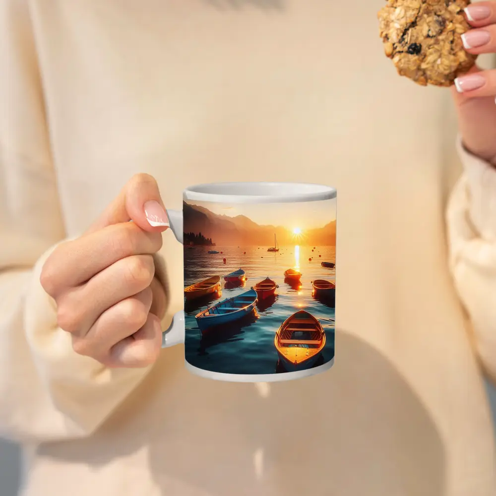 Colorful Boats on Lake at Golden Sunset – Mugs