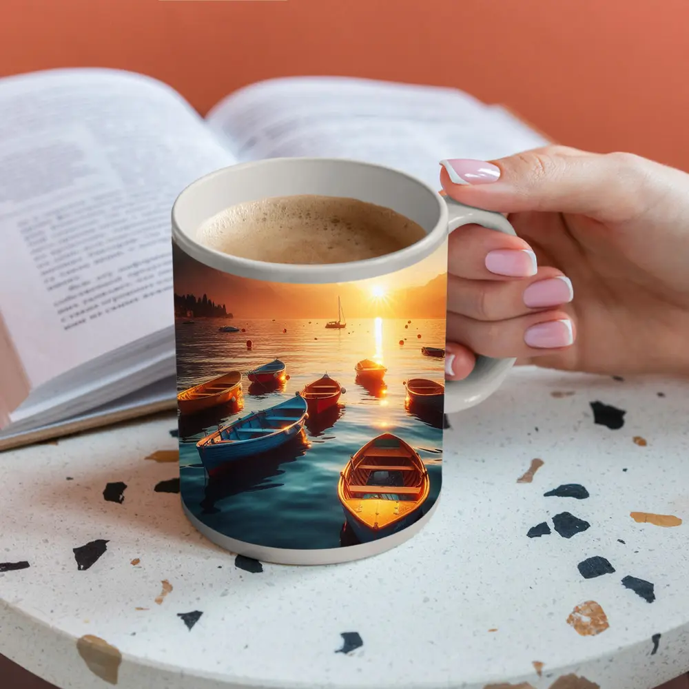 Colorful Boats on Lake at Golden Sunset – Mugs