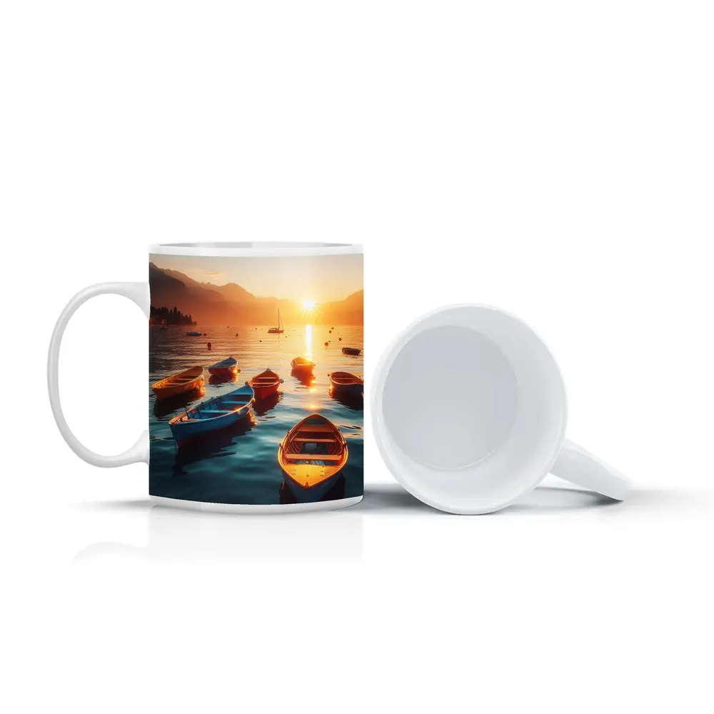 Colorful Boats on Lake at Golden Sunset – Mugs