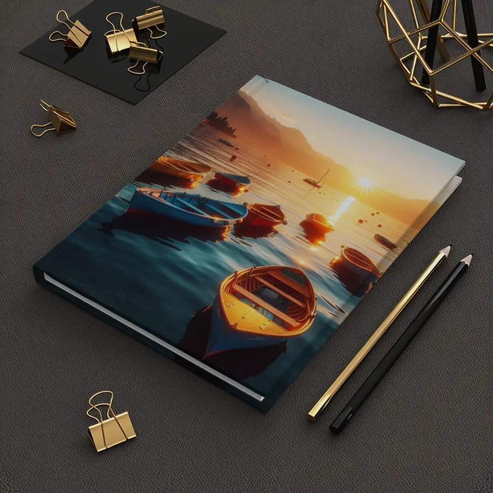 Colorful Boats on Lake at Golden Sunset – Notebooks