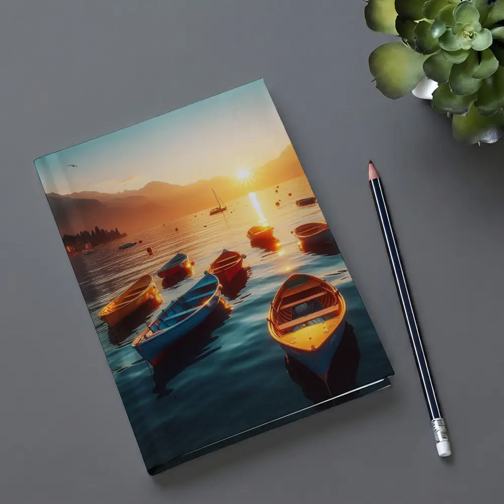 Colorful Boats on Lake at Golden Sunset – Notebooks