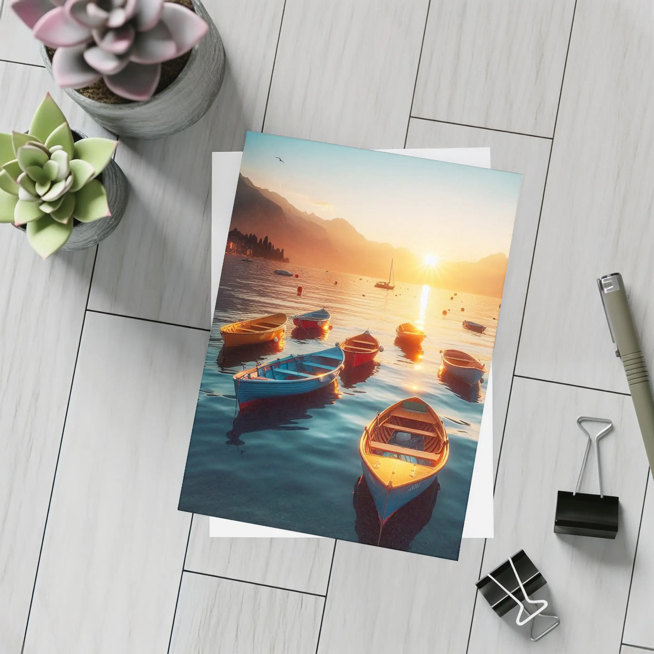 Colorful Boats on Lake at Golden Sunset – Postcards
