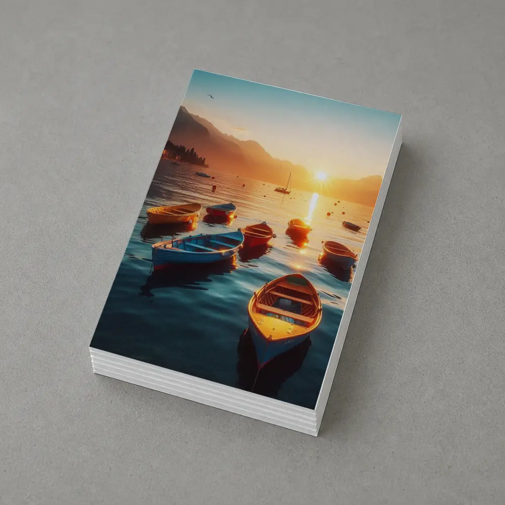 Colorful Boats on Lake at Golden Sunset – Postcards