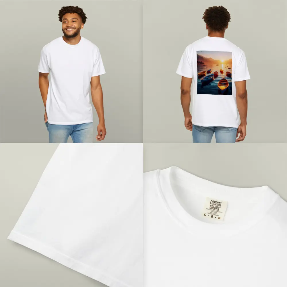 Colorful Boats on Lake at Golden Sunset – T-Shirts