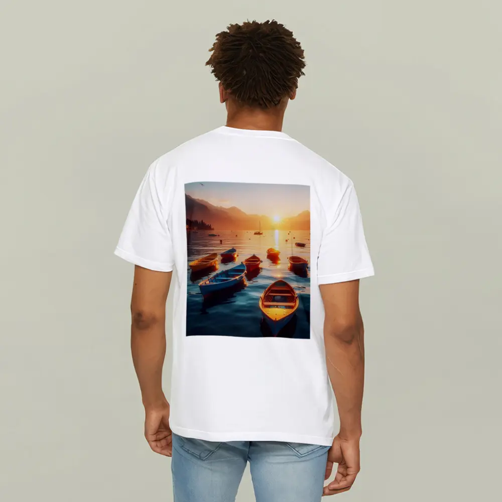 Colorful Boats on Lake at Golden Sunset – T-Shirts