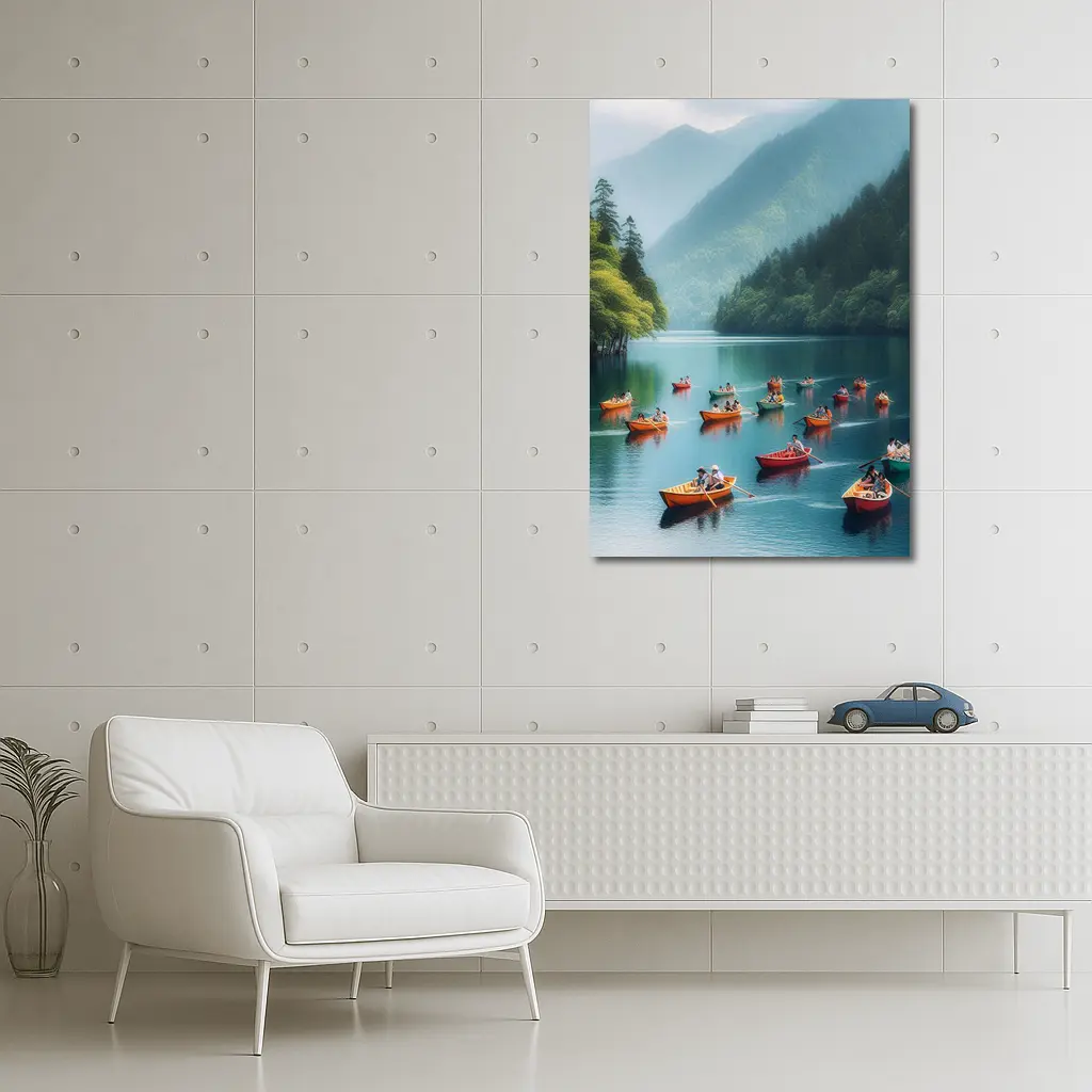 Colorful Rowing Boats Mountain Lake Scene – Wall Art