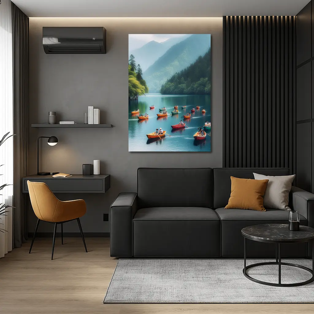 Colorful Rowing Boats Mountain Lake Scene – Wall Art