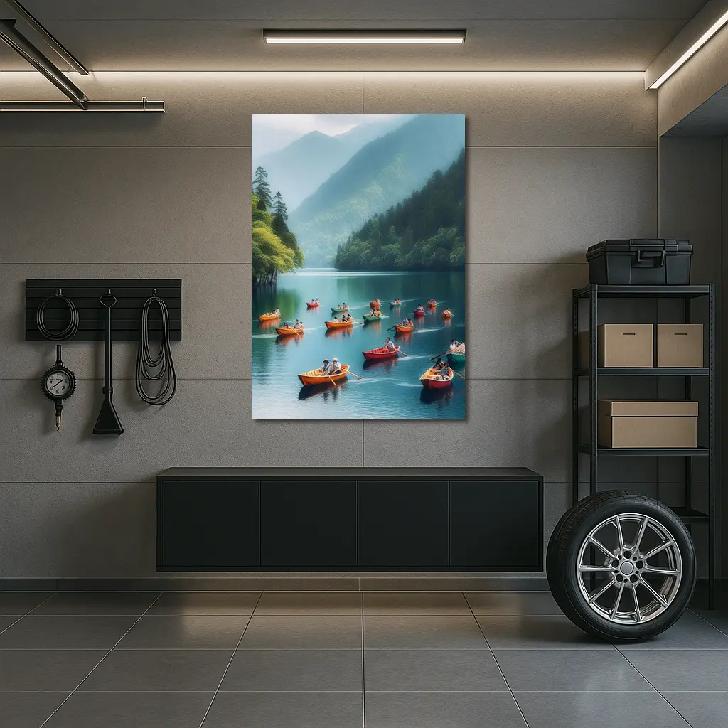 Colorful Rowing Boats Mountain Lake Scene – Wall Art