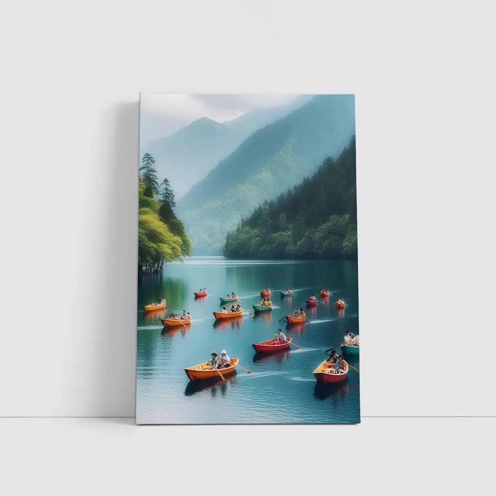 Colorful Rowing Boats Mountain Lake Scene – Wall Art