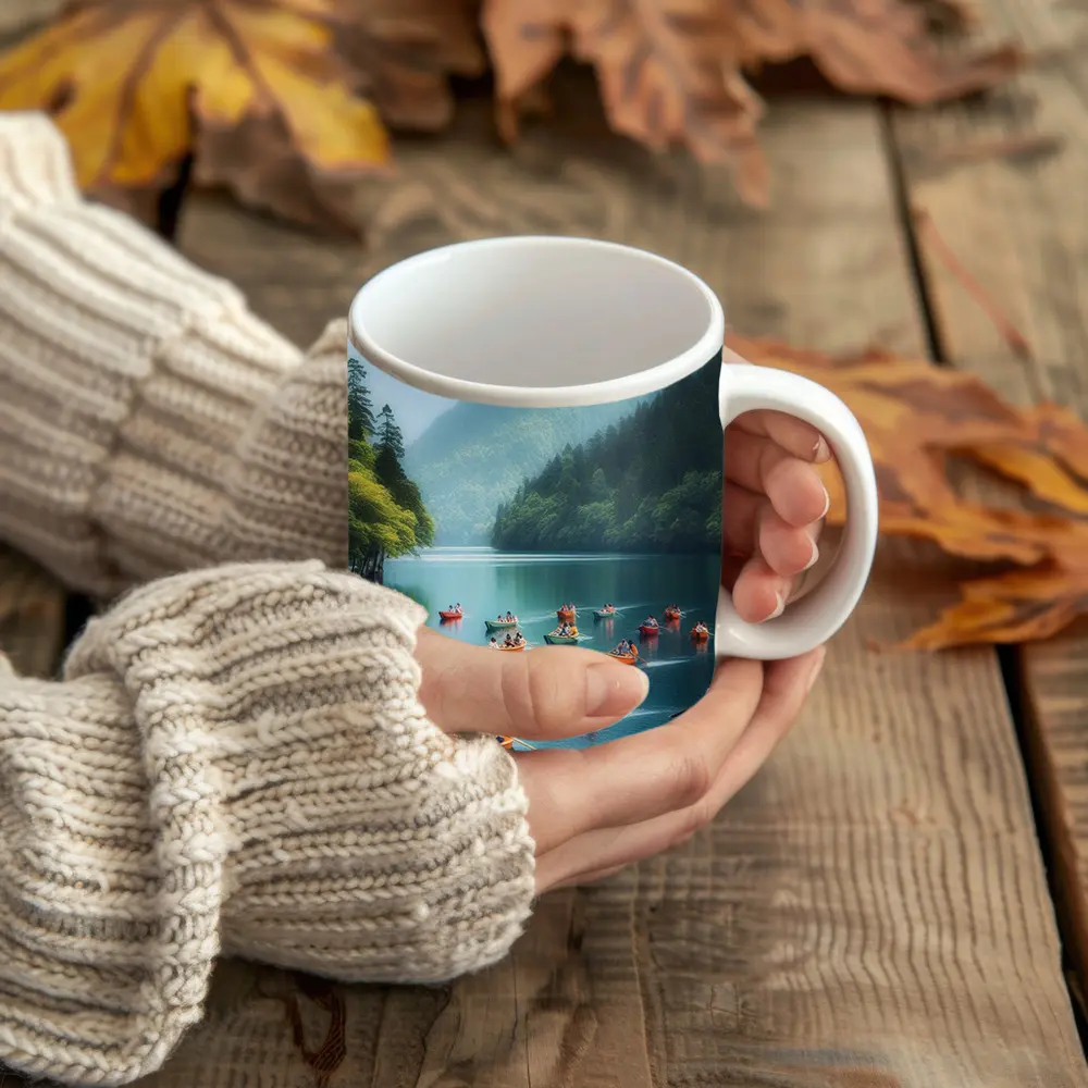 Colorful Rowing Boats Mountain Lake Scene – Mugs