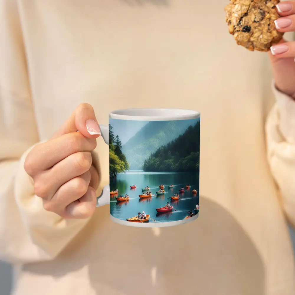 Colorful Rowing Boats Mountain Lake Scene – Mugs