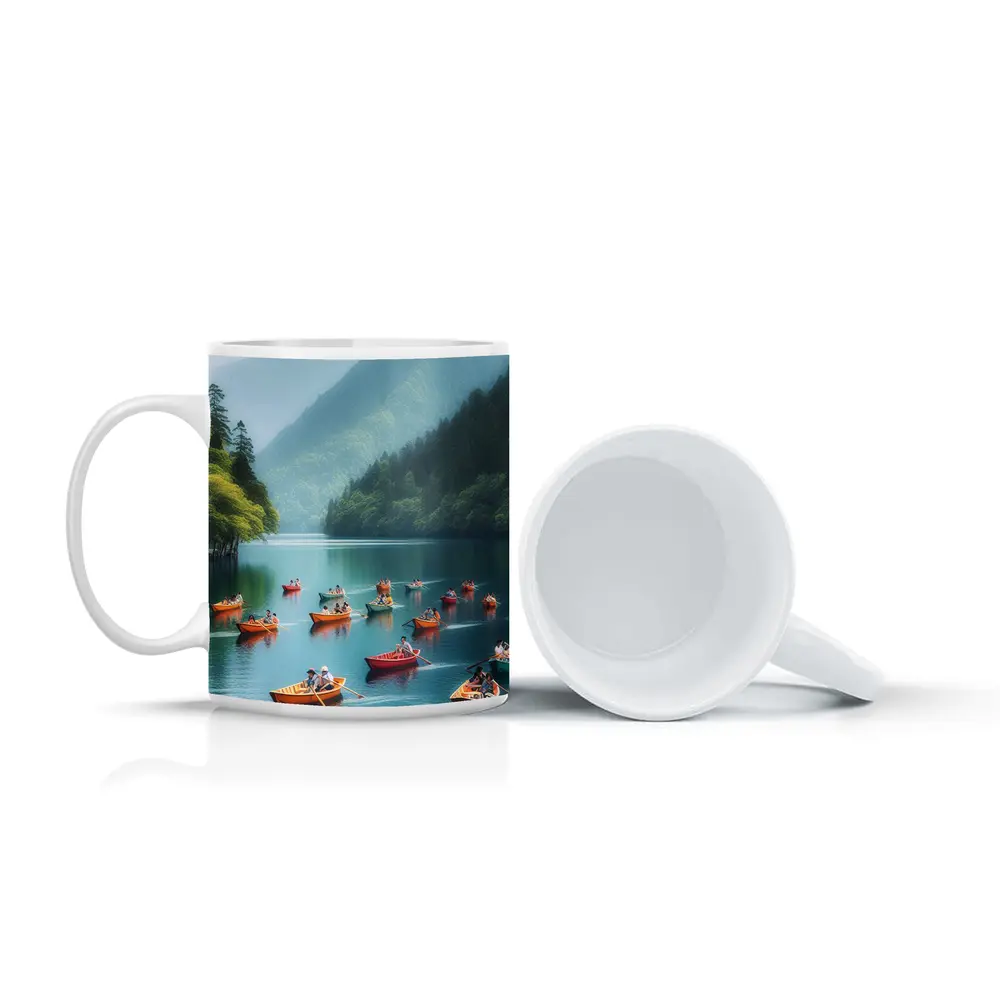 Colorful Rowing Boats Mountain Lake Scene – Mugs