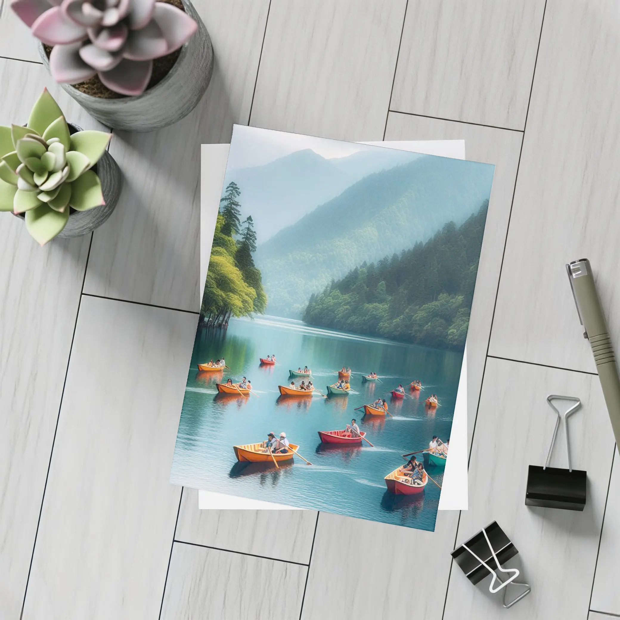 Colorful Rowing Boats Mountain Lake Scene – Postcards