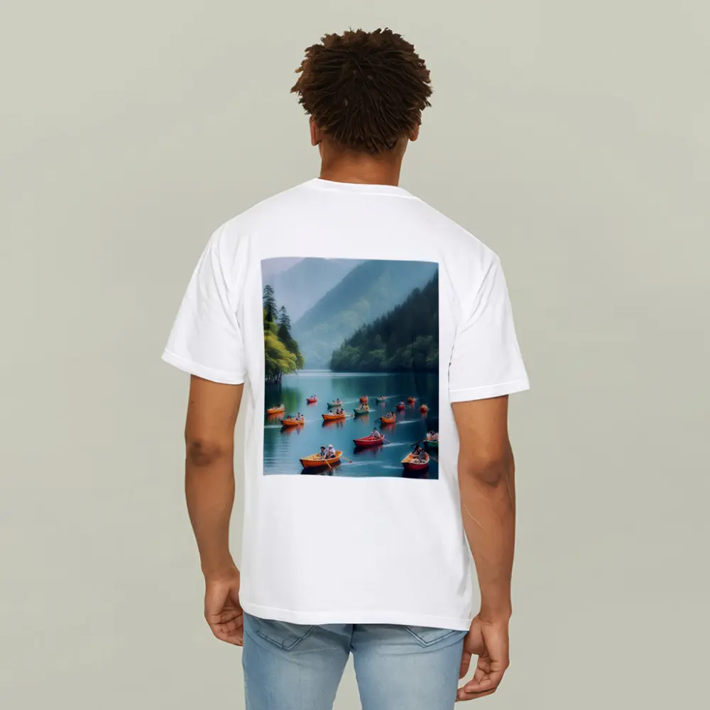 Colorful Rowing Boats Mountain Lake Scene – T-Shirts