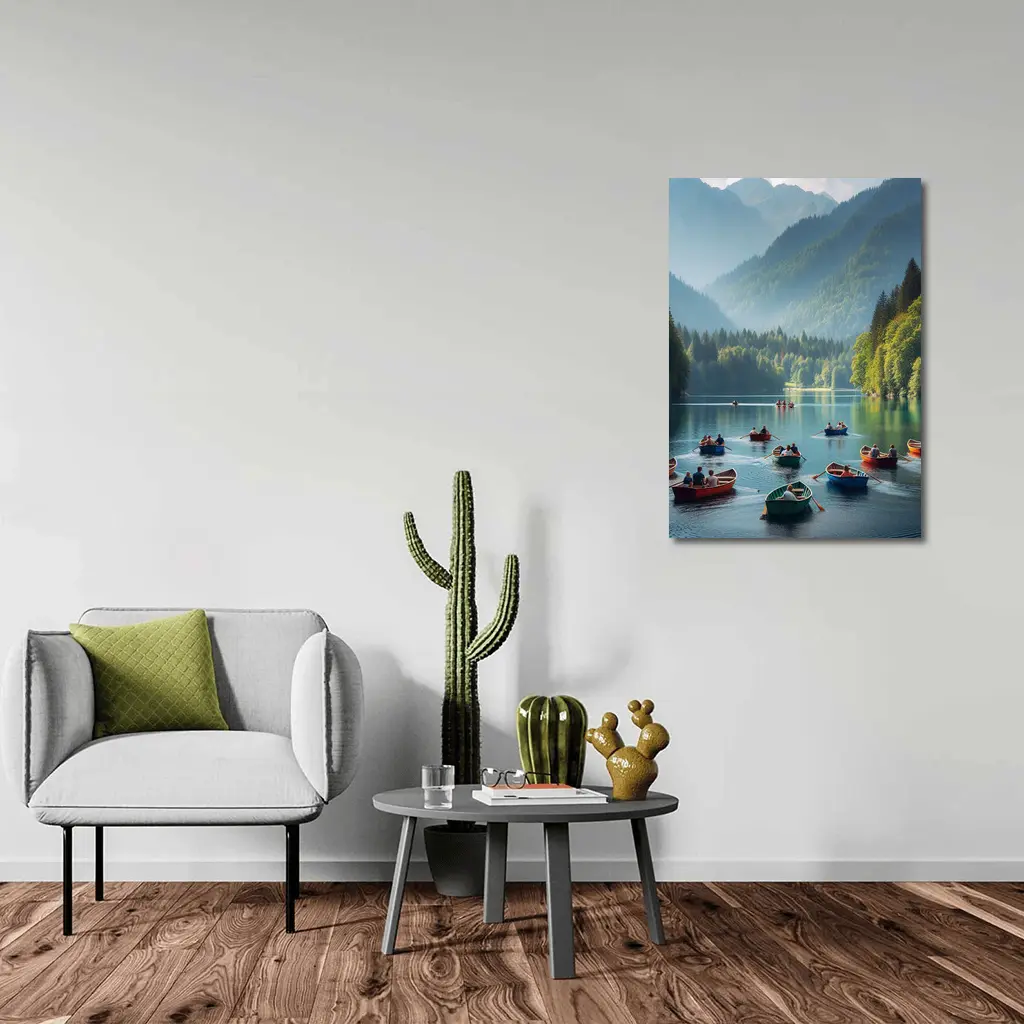 Colorful Row Boats Mountain Lake Scene – Wall Art