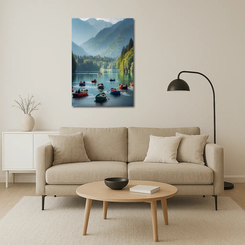 Colorful Row Boats Mountain Lake Scene – Wall Art