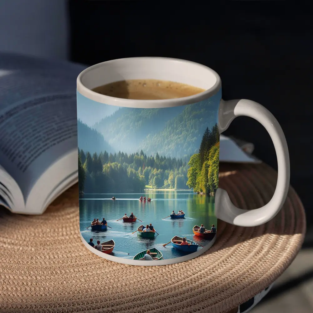 Colorful Row Boats Mountain Lake Scene – Mugs