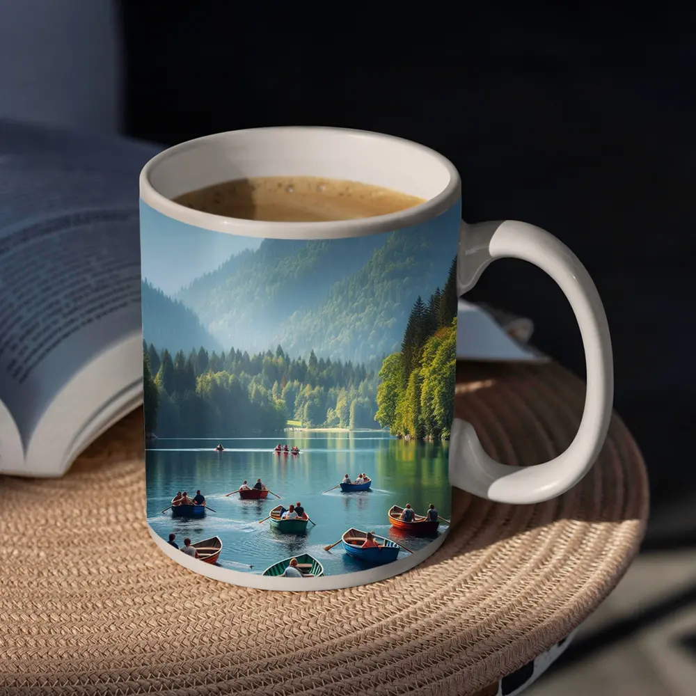 Colorful Row Boats Mountain Lake Scene – Mugs