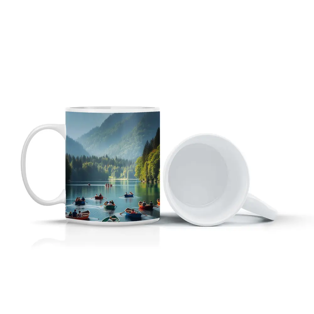 Colorful Row Boats Mountain Lake Scene – Mugs