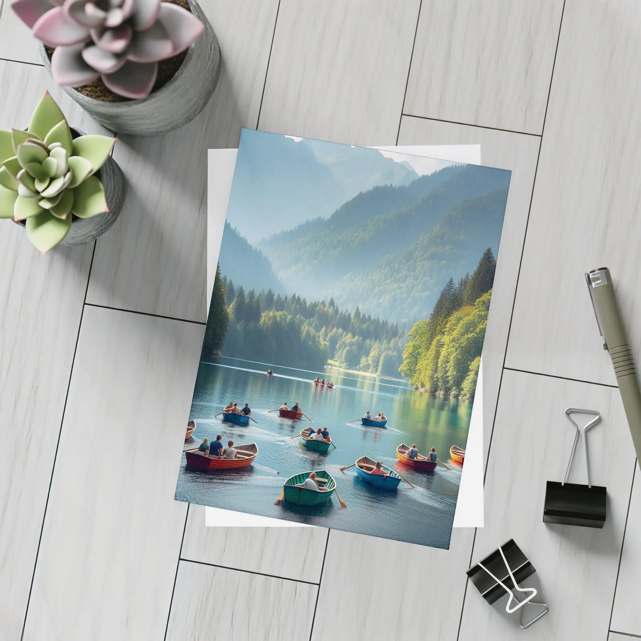 Colorful Row Boats Mountain Lake Scene – Postcards