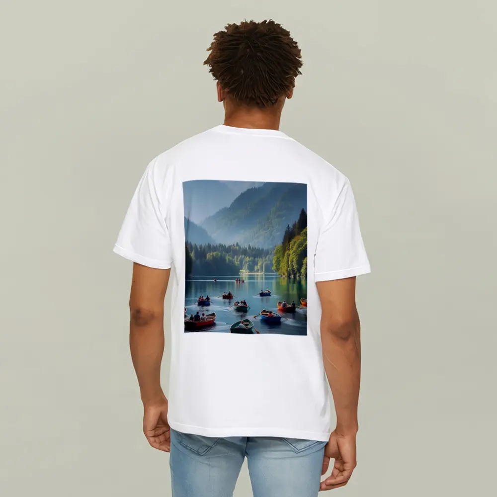 Colorful Row Boats Mountain Lake Scene – T-Shirts
