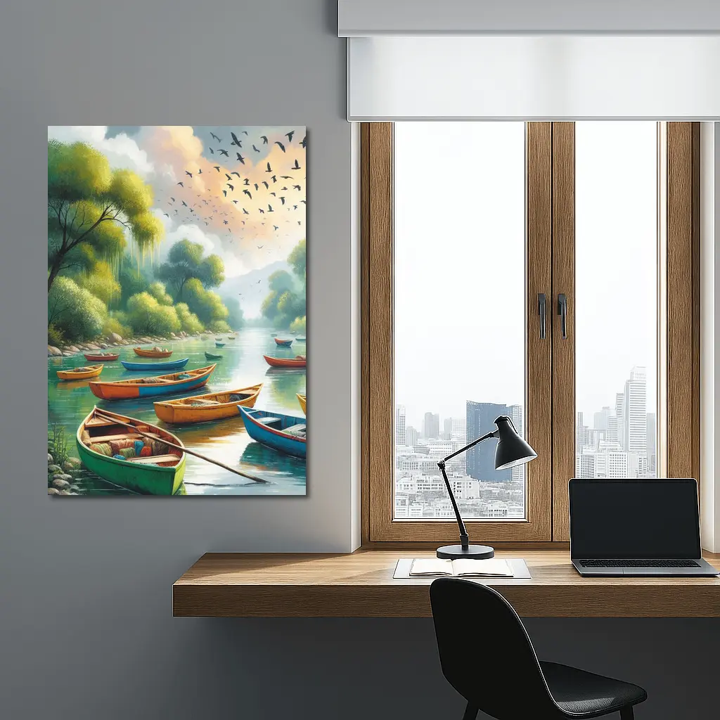Colorful Wooden Boats River Forest Painting – Wall Art