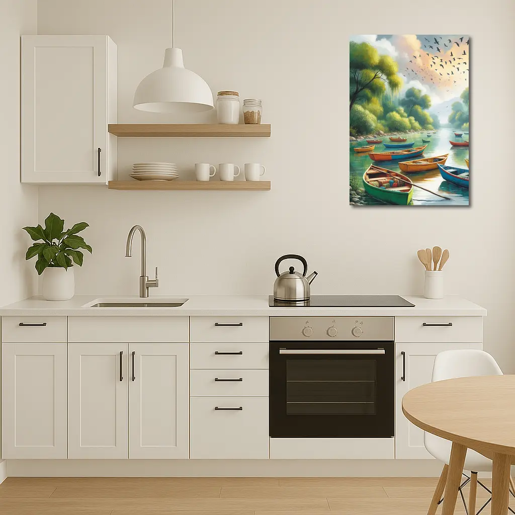 Colorful Wooden Boats River Forest Painting – Wall Art