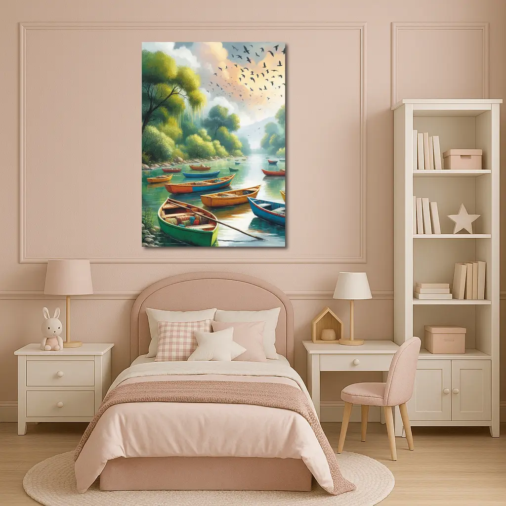 Colorful Wooden Boats River Forest Painting – Wall Art