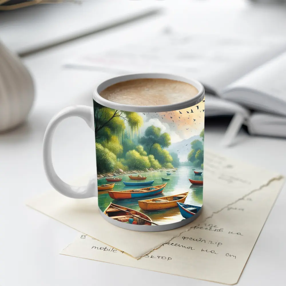 Colorful Wooden Boats River Forest Painting – Mugs